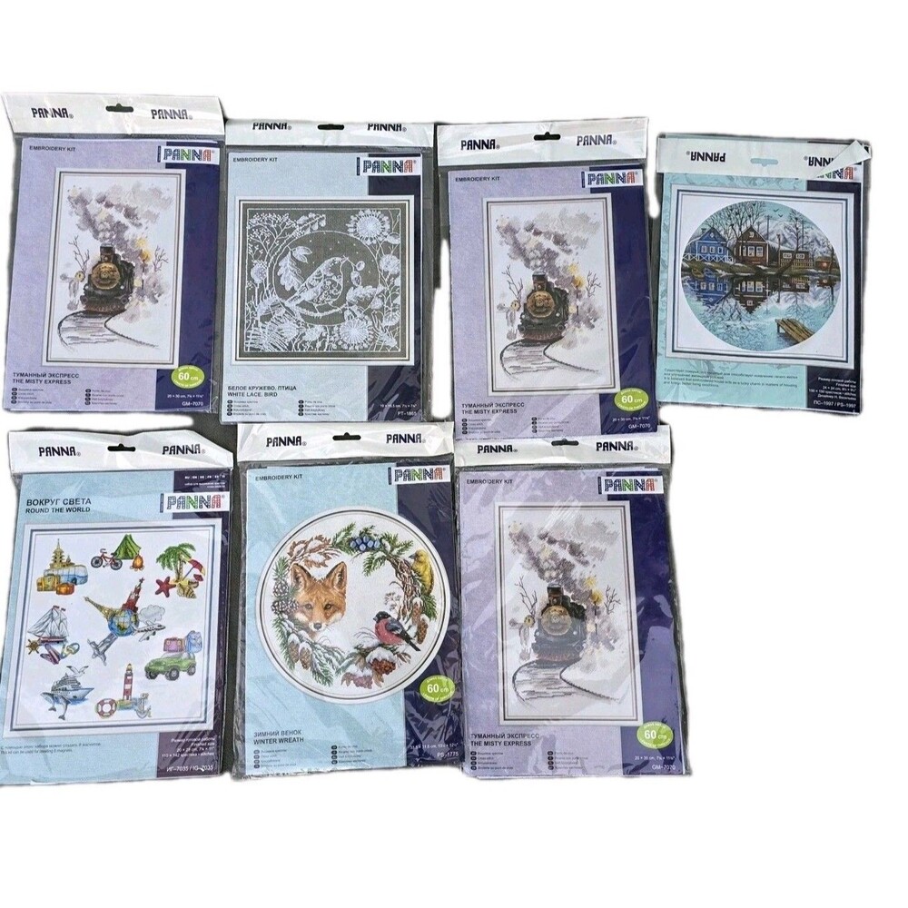 7 DIY Cross Stich Embroidery Kit Panna W/ Fabric, Thread & Needle Bundle of 7